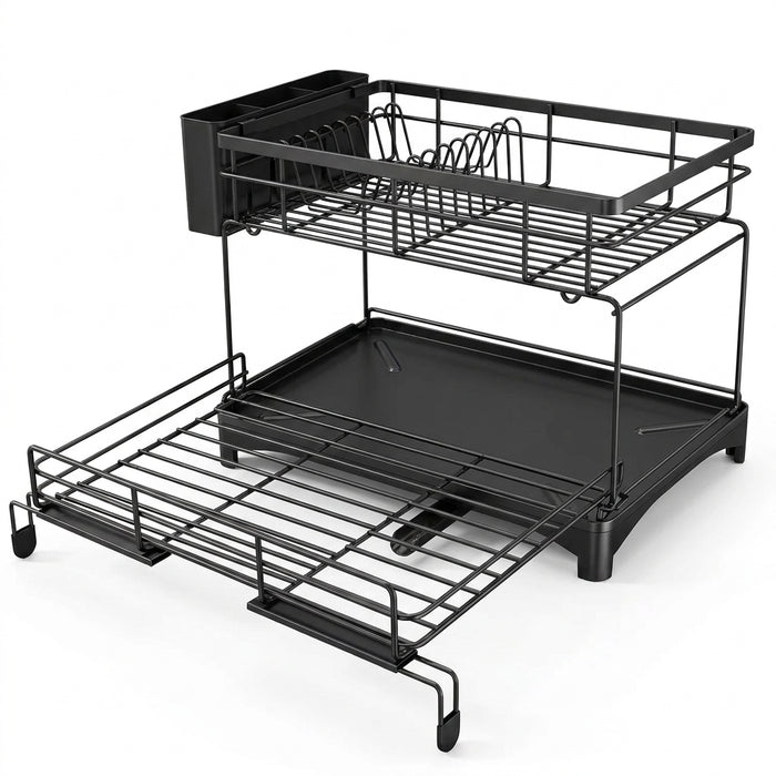 Large Rustproof Iron Dish Drying Rack with Drainboard and 3‑Slot Utensil Holder