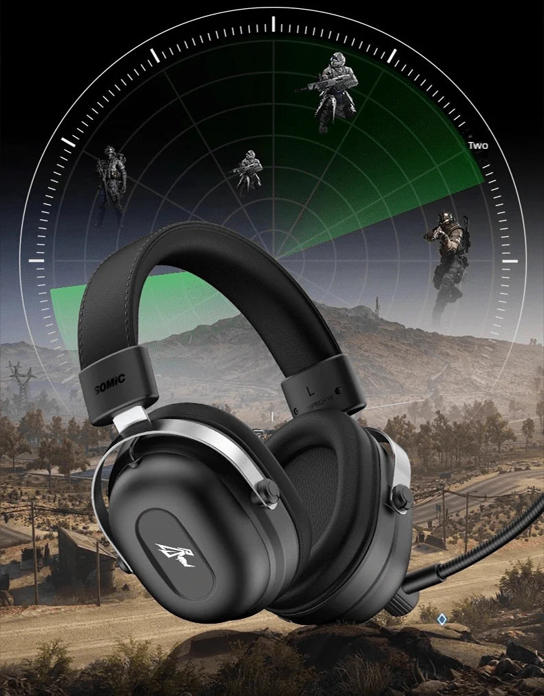 Ilustração do fabricante do headset Commander com um campo sonoro direcional sobre uma paisagem de jogo
